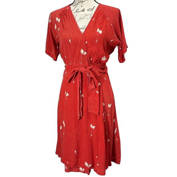 Bel Kazan Anthropologie Red Striped Faux-Wrap Dress Size Small Knee Length Boho - Picture 1 of 9